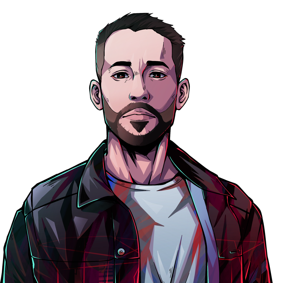 A cyberpunk styled drawing of Alexandre Fernandez.